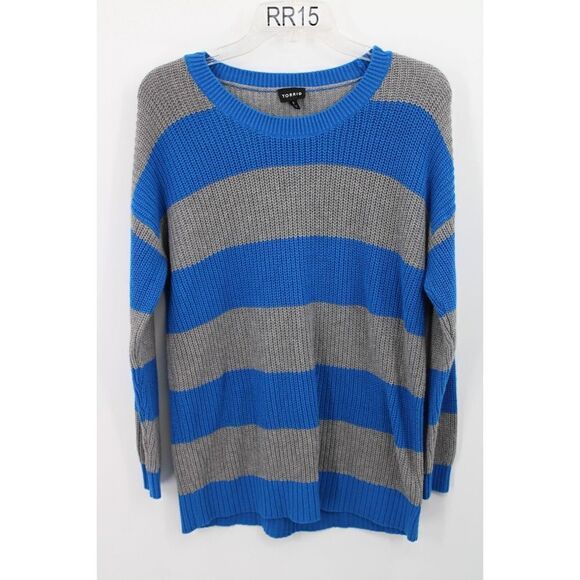 Torrid Sweater Size 0 Gray Blue Striped Knit Cotton Long Sleeve Drop Shoulders - Picture 4 of 9